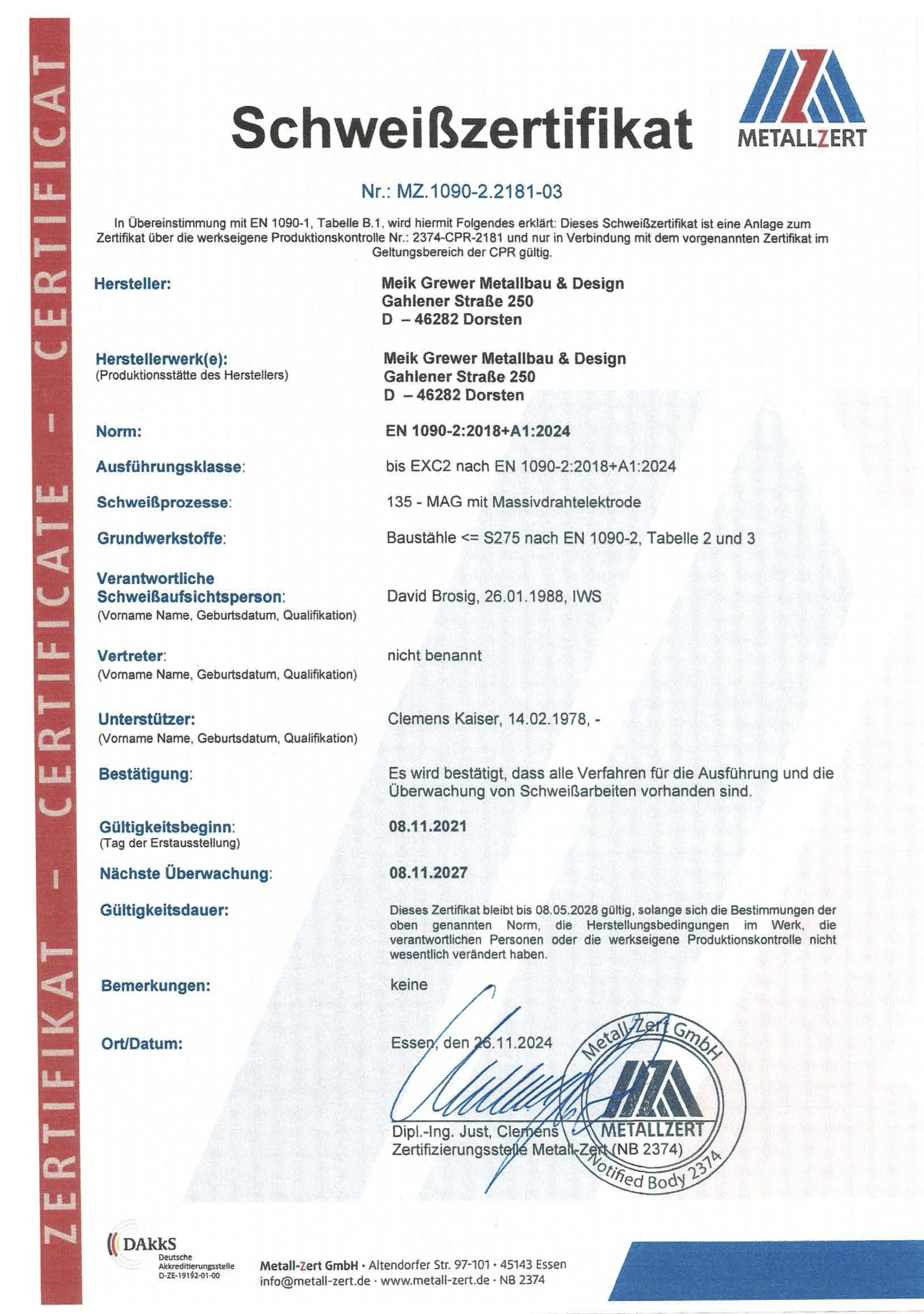 Schweißzertifikat von Grewer Metallbau & Design